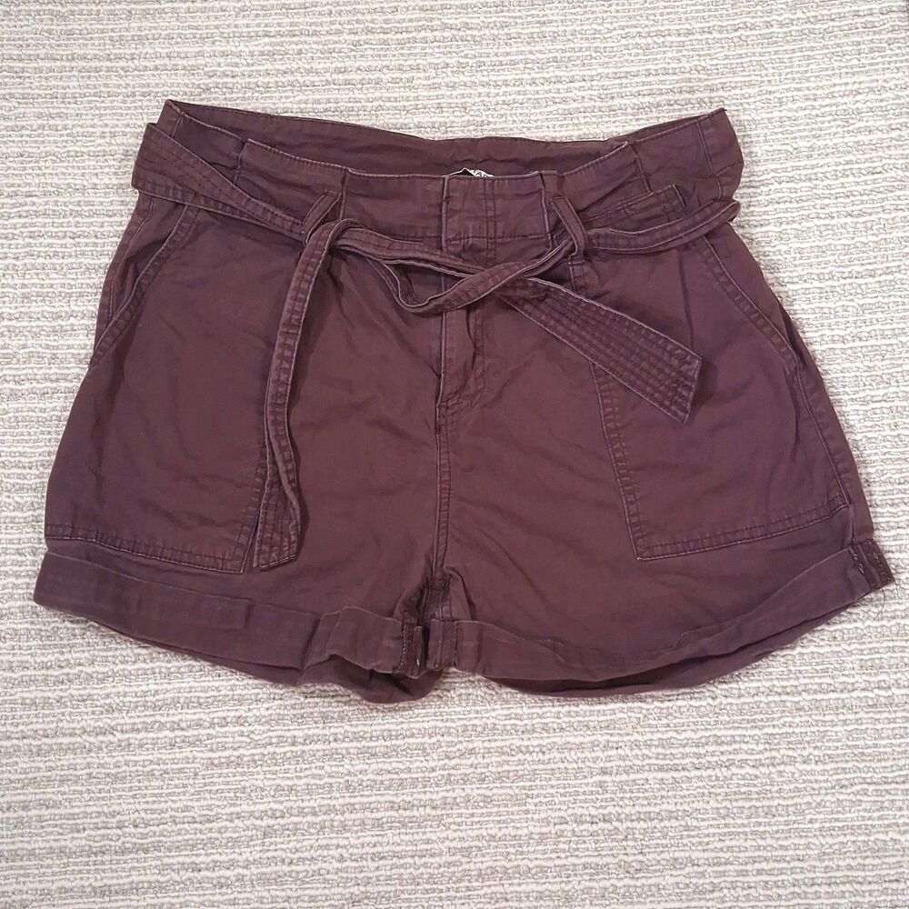 Vanilla Star Women Burgundy Utility Shorts Tie Waist Pockets Size Large L
